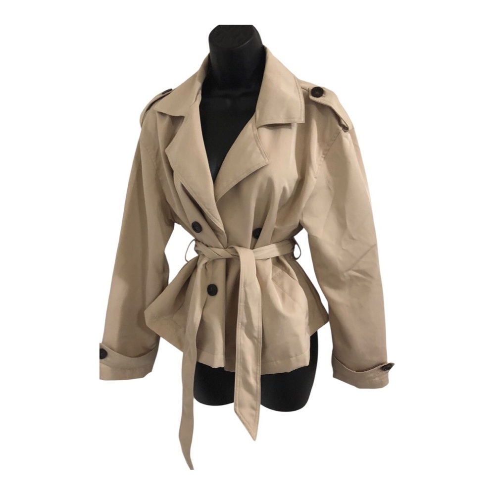 Khaki double breasted crop short trenchcoat style lightweight jacket size medium
